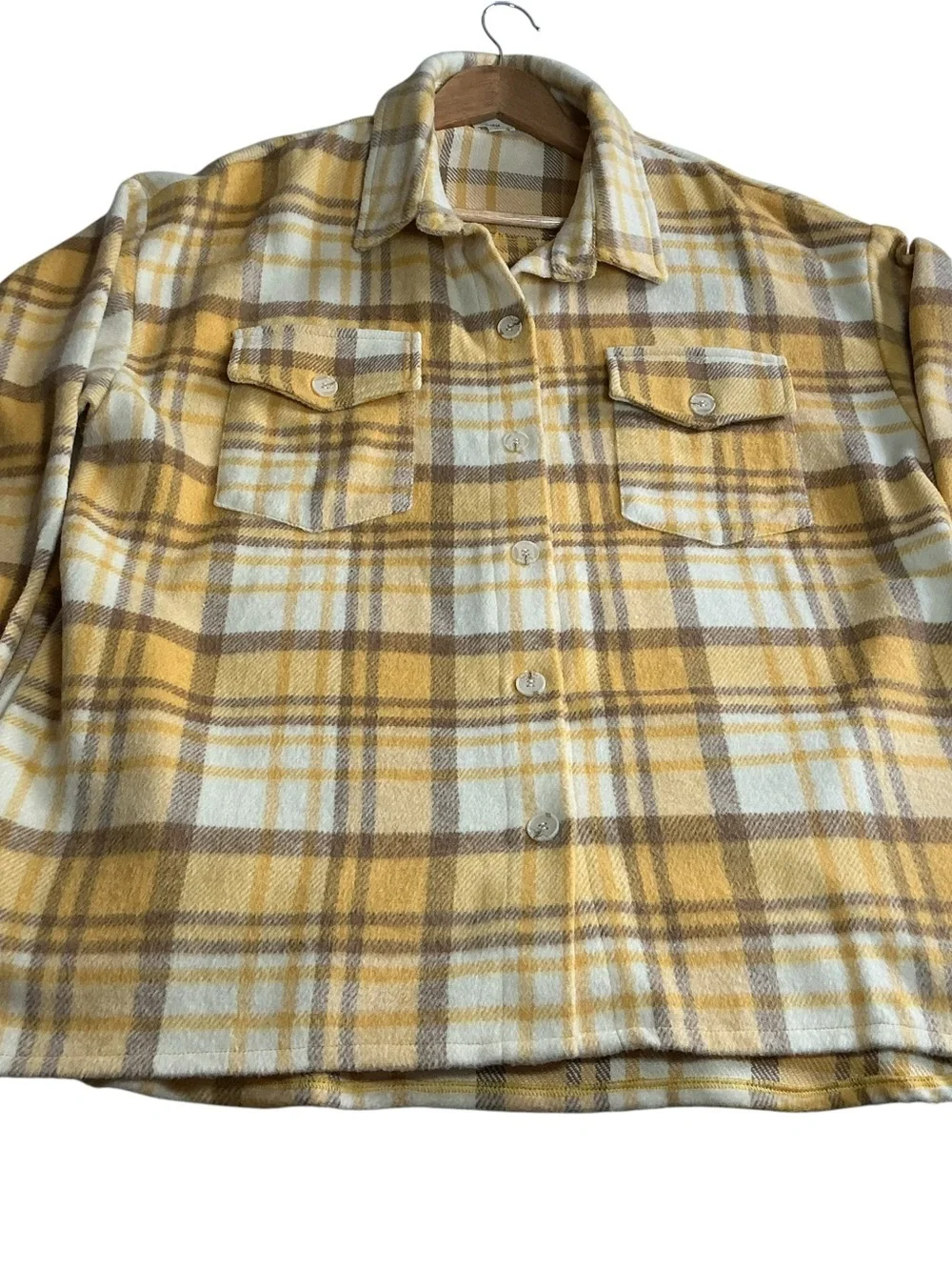 12PM Women's Large Yellow Plaid Shacket Button Up Flannel Shirt Jacket Long Slee